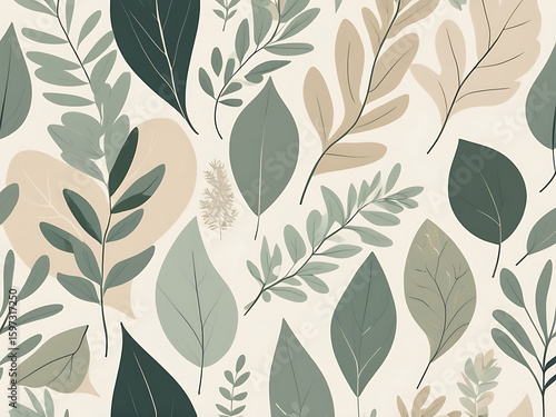 Elegant botanical pattern with muted green and beige leaves for modern design projects