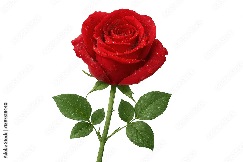 Fototapeta premium Freshly blooming red rose with water drops, isolated on transparent background, perfect for romantic projects