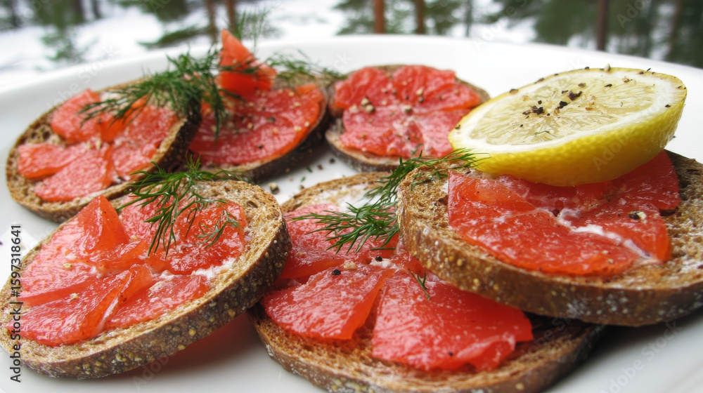 Delicious traditional open-faced salmon sandwiches garnished with dill. A healthy lunch or elegant appetizer. Delicious traditional open-faced salmon sandwiches garnished with dill. A healthy lunch or elegant appetizer.