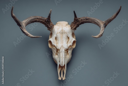 Top view of a deer skull showcasing detailed antlers and sharp features against a neutral background