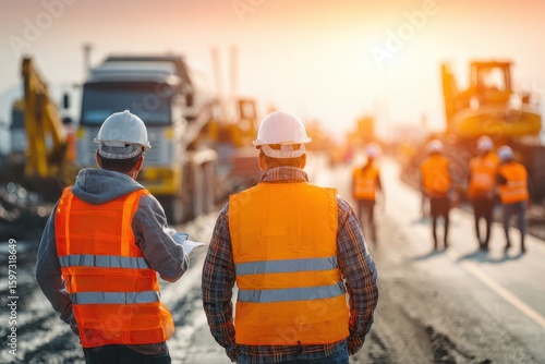 Civil engineers supervise a road construction project at sunset with heavy machinery and a construction team in the background