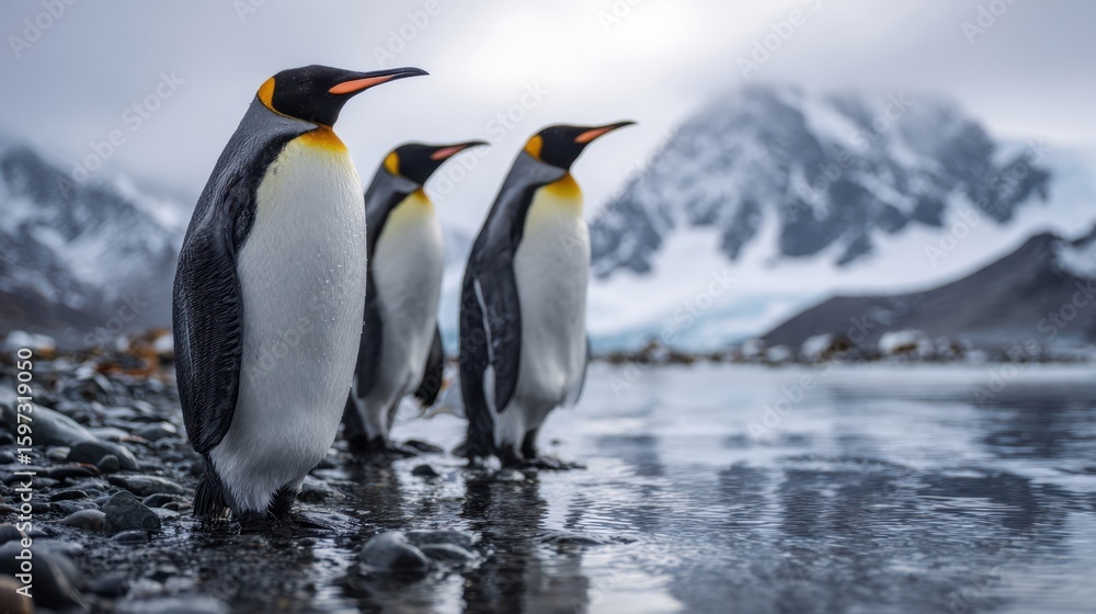 Fototapeta premium The Majestic Emperor Penguins Standing by the Icy Shoreline in Antarctica
