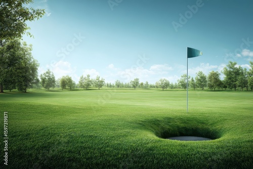 Golf course with a hole and flag surrounded by green grass and trees in bright daylight creating a serene atmosphere for players