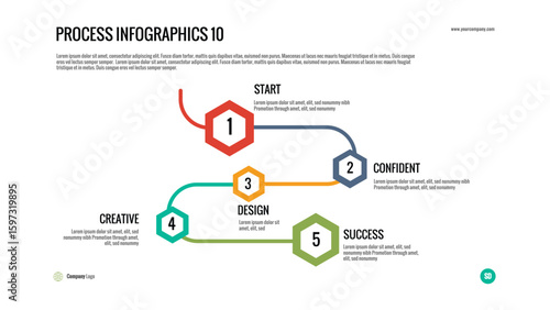 Process Infographic Hexagon: Dynamic 5-step roadmap or winding timeline, perfect for showcasing project development or a creative journey to success