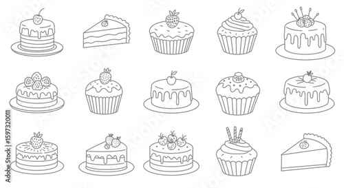 Delightful array of hand-drawn cake and cupcake icons, perfect for dessert-themed designs