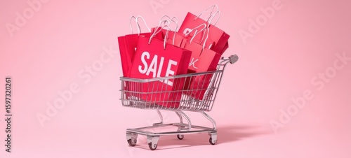 The shopping cart filled with vibrant sale bags on a pink background.