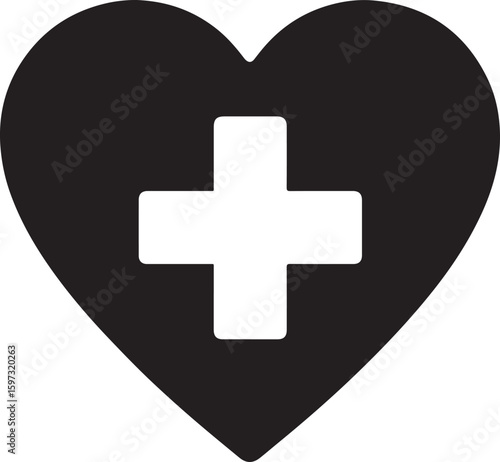 Silhouette vector of a heart with a medical cross symbol inside. Ideal for healthcare, hospital, and wellness designs.