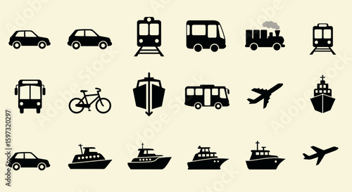 Diverse transportation vector icon set representing various modes of travel