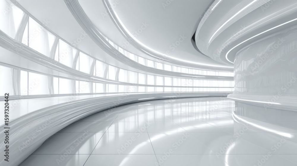 Naklejka premium A minimalist interior displays smooth, curved walls with ample natural light. The glossy floor reflects the modern design, creating an expansive and inviting atmosphere.