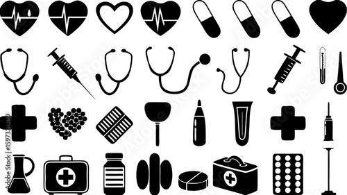 Collection of medical icons featuring hearts stethoscopes and various medical supplies in black silhouette | editable eps vectors