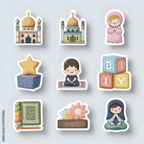 Islamic kids sticker pack with Quran mosque dua hands and alphabet blocks in playful vector art with white border