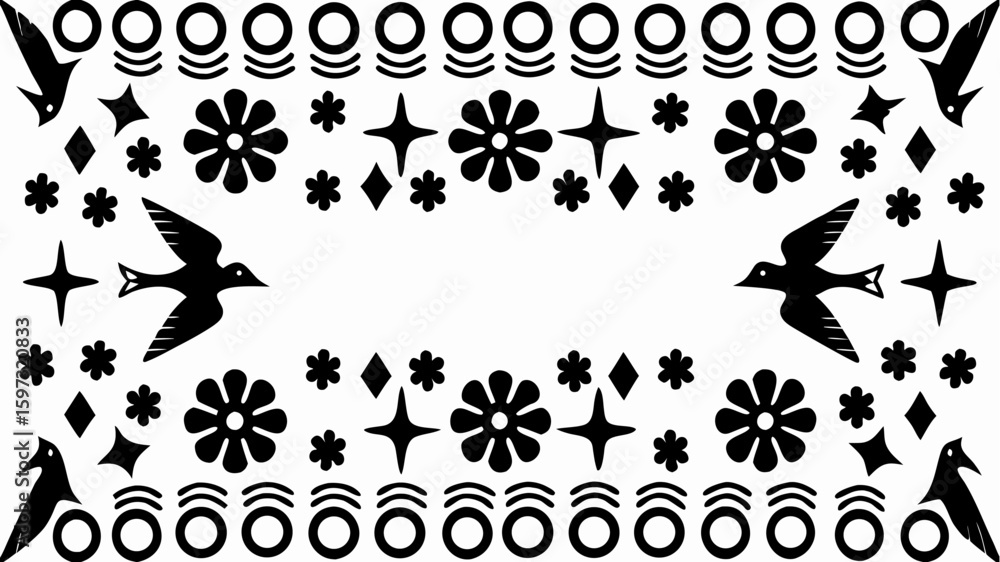 Obraz premium Black and white decorative pattern featuring flowers birds stars diamonds and circles arranged symmetrically | editable eps vectors silhouette