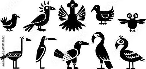 Collection of stylized birds in black silhouette with various shapes and wing designs shown | editable eps vectors