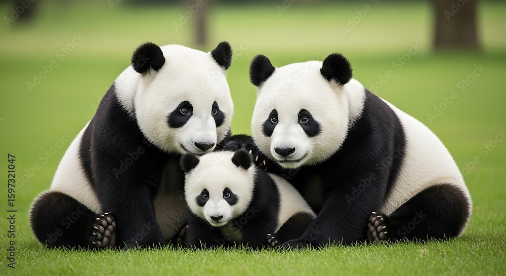 Naklejka premium Panda Family Together on Grass, Black and White Wildlife Portrait