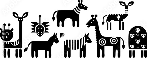 Stylized black and white african animals including giraffes zebras and other creatures in a pattern | editable eps vectors silhouette