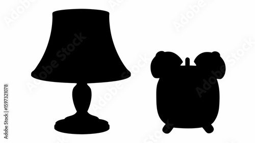 Silhouette illustration featuring a bedside lamp and an alarm clock on a white background view | editable eps vectors