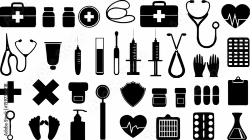 Black and white medical icon set featuring symbols of healthcare equipment and pharmaceutical supplies and tools | editable eps vectors silhouette