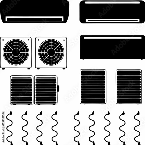 Illustration showcasing various air conditioning units and related components in a black and white style | editable eps vectors silhouette