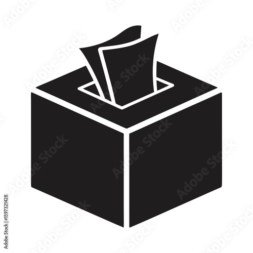 A blank cardboard voting ballot box is a political symbol and concept, illustrated as an icon object for shipping paper a tissue box bold black silhouette vector icon illustration on white background 