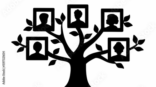 Black and white family tree silhouette with framed portraits on branches and leaf accents design element | editable eps vectors