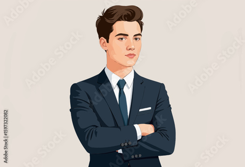 Young man in formal suit standing confidently with arms crossed  