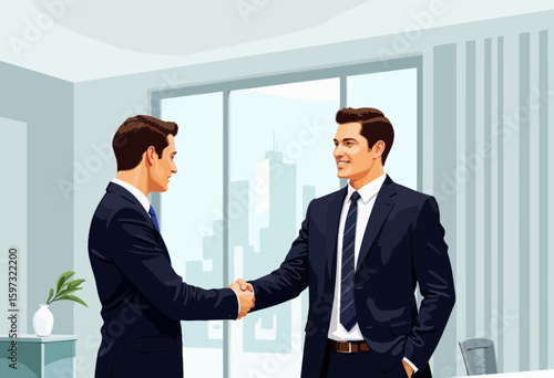 Two businessmen shaking hands in modern office with city view  