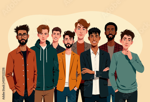 Group of young men smiling together in casual and stylish outfits  