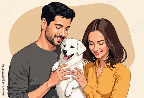 Young couple holding a puppy and smiling together indoors  