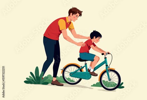 Father teaching son to ride a bicycle in summer garden setting  