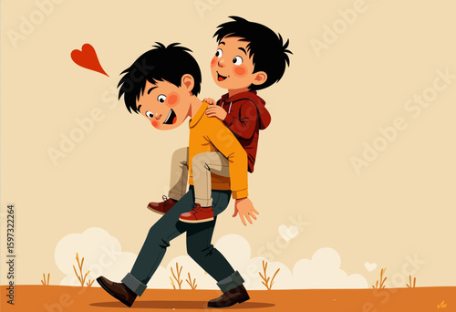 Two smiling boys playing together with one giving a piggyback ride  