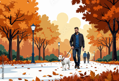 Man walking dog on autumn path lined with trees and fallen leaves  