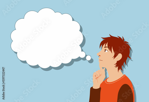 Young man thinking with blank thought bubble on blue background  