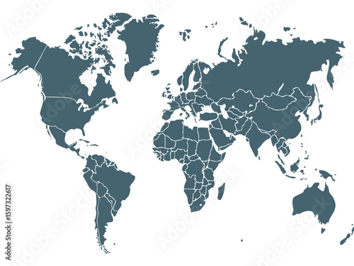 A detailed world map showing continents and countries in a muted color scheme against a white background | editable eps vectors silhouette