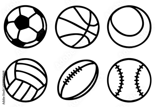 Sport balls set. Ball icons. Balls for Football, Soccer, Basketball, Tennis, Baseball, Volleyball. Vector illustration