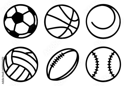 Sport balls set. Ball icons. Balls for Football, Soccer, Basketball, Tennis, Baseball, Volleyball. Vector illustration