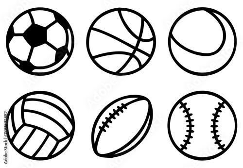 Sport balls set. Ball icons. Balls for Football, Soccer, Basketball, Tennis, Baseball, Volleyball. Vector illustration