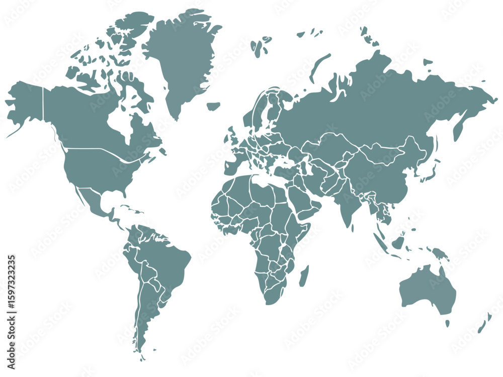 Fototapeta premium A detailed world map featuring continents and country borders in a muted teal color on a white background | editable eps vectors silhouette