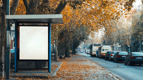 A bus stop with a blank billboard on a street lined with trees in the fall season with cars