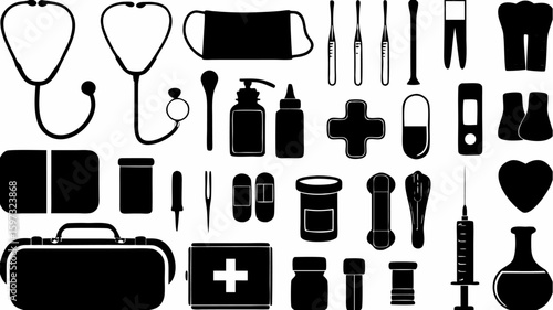 Illustration of medical equipment including stethoscope mask and first aid kit in black and white style | editable eps vectors