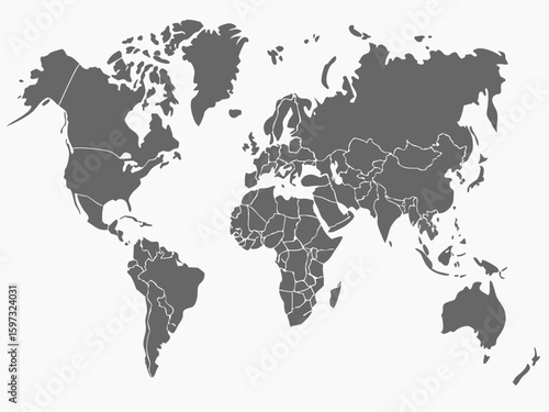 Gray world map with country borders displayed on a white background showing all continents clearly defined | editable eps vectors