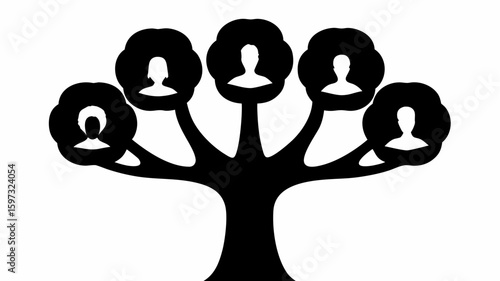 Stylized family tree illustration with five person icons in a black and white color palette design | editable eps vectors