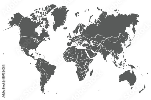 World map showing continents and countries in gray color on a white background detailed outline of landmasses | editable eps vectors