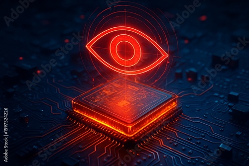 Cyber surveillance concept with spy eye hologram over CPU in background. Concept of privacy tracking, digital spying, artificial intelligence and spyware. 3D flight over futuristic circuit board. 