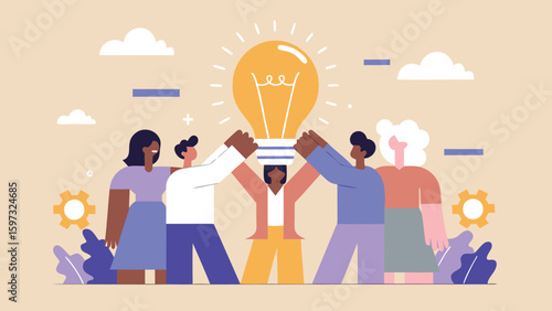 Diverse team collaborating and holding up a large glowing light bulb representing a bright idea together