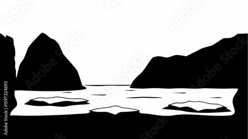 Black and white landscape featuring a body of water with rocky outcrops and ice floes in silhouette | editable eps vectors