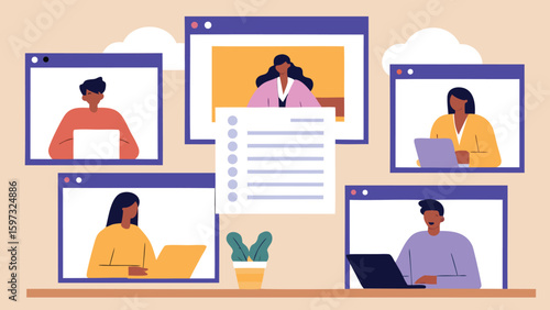 Online meeting with multiple participants displayed in separate windows on a virtual platform screen