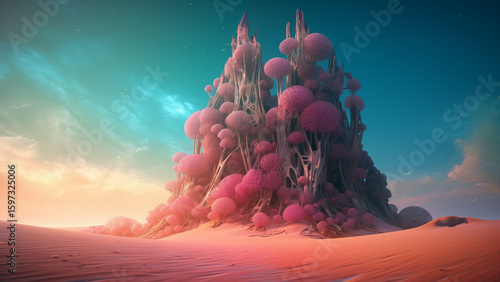 Futuristic coral city emerging from golden desert dunes, blending nature, fantasy, and surreal beauty.