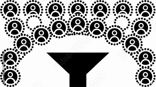 Funneling of people icons surrounded by dots arranged in a semi circle shape in black and white color | editable eps vectors