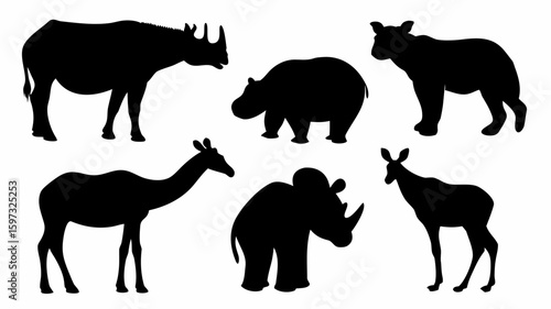 Silhouette representation of rhino, hippo, bear, giraffe, and antelope animals in black color | editable eps vectors