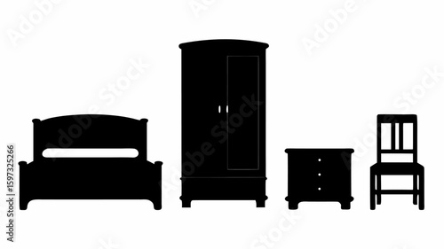 Silhouette illustration of a bedroom set including a bed wardrobe nightstand and chair in black color | editable eps vectors